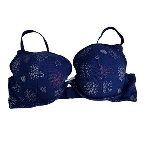 Victorias Secret Plunge Bra 38D Blue Crosstitch Print Snowflake Underwire Padded